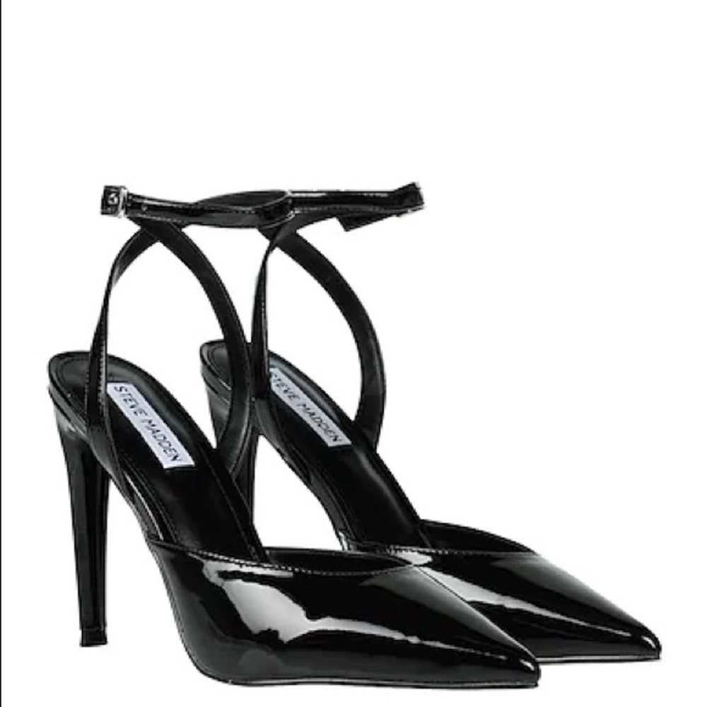 Steve Madden Aced Black Patent Heels with Ankle Strap size 9 1/2 Runs small
